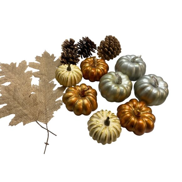 Decorative Autumn Harvest Set - Pumpkins Pinecones & Burlap Leaves - Picture 1 of 7